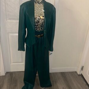 Nancy Heller Rare Vintage Green Genuine Leather Women's Pantsuit Set M